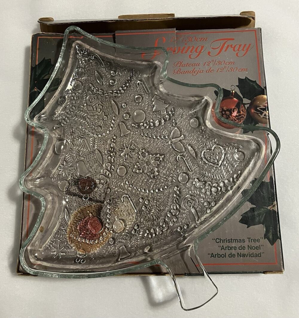 Vtg Indiana Glass 12” Clear Decorative Serving Tray Dish Christmas Tree 1547 NOB